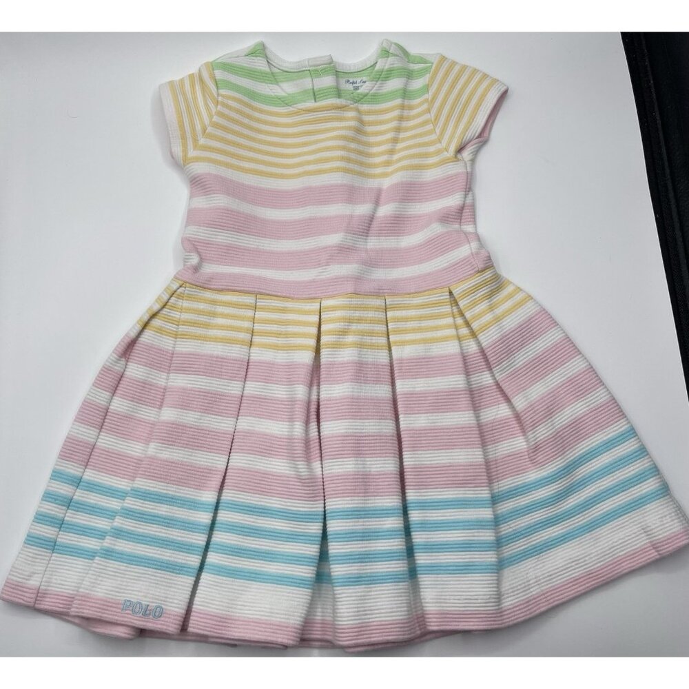Ralph Lauren Polo Dress Girls Baby Size 24 Months Striped Pleated Pink Yellow